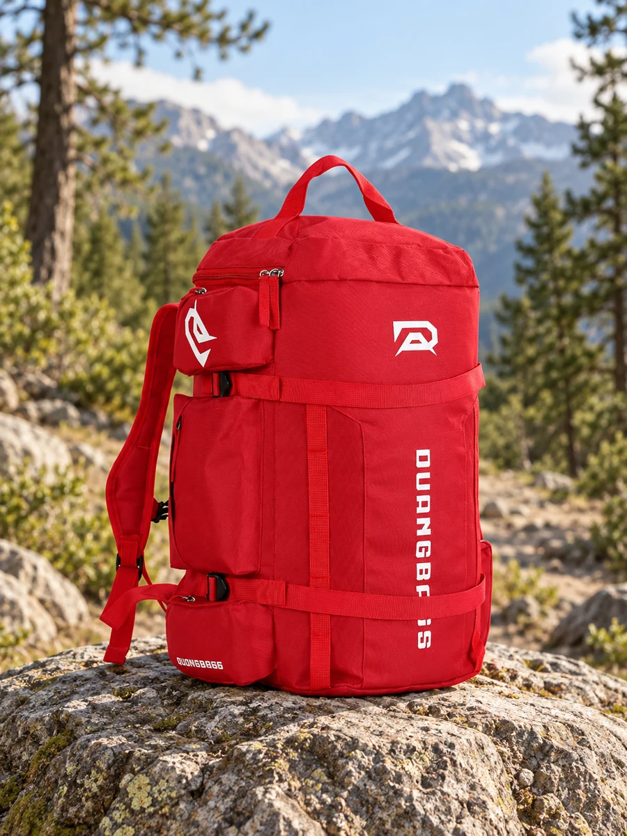 Red outdoor backpack overlooking a mountain trail