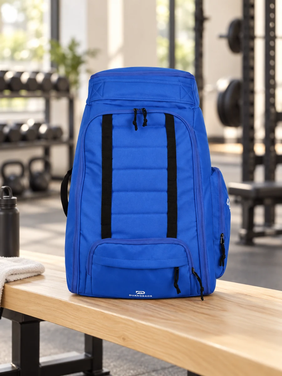 Blue sports backpack on a gym bench